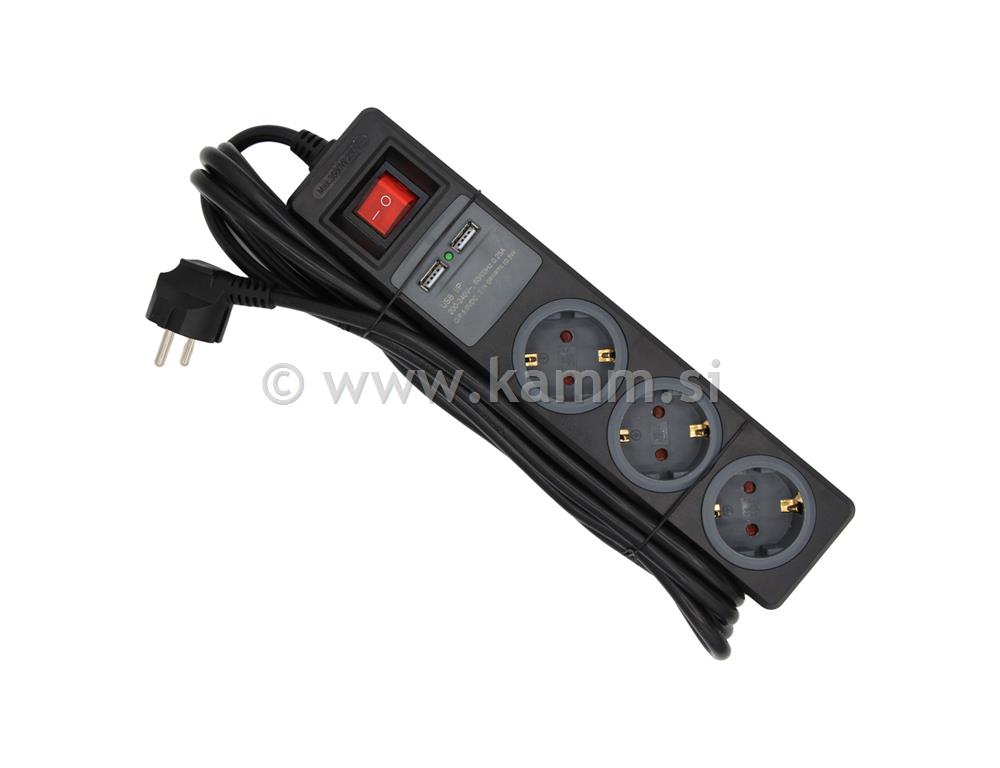 PODALJŠEK 3 VTIČNICE 3M+USB